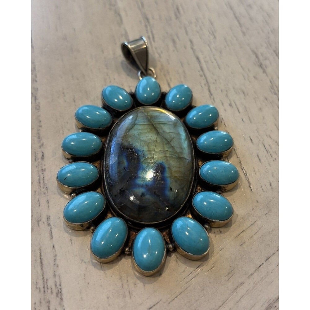 Turquoise (?) & dyed teal stone pendant, massive boho chunky western pendant 4”T